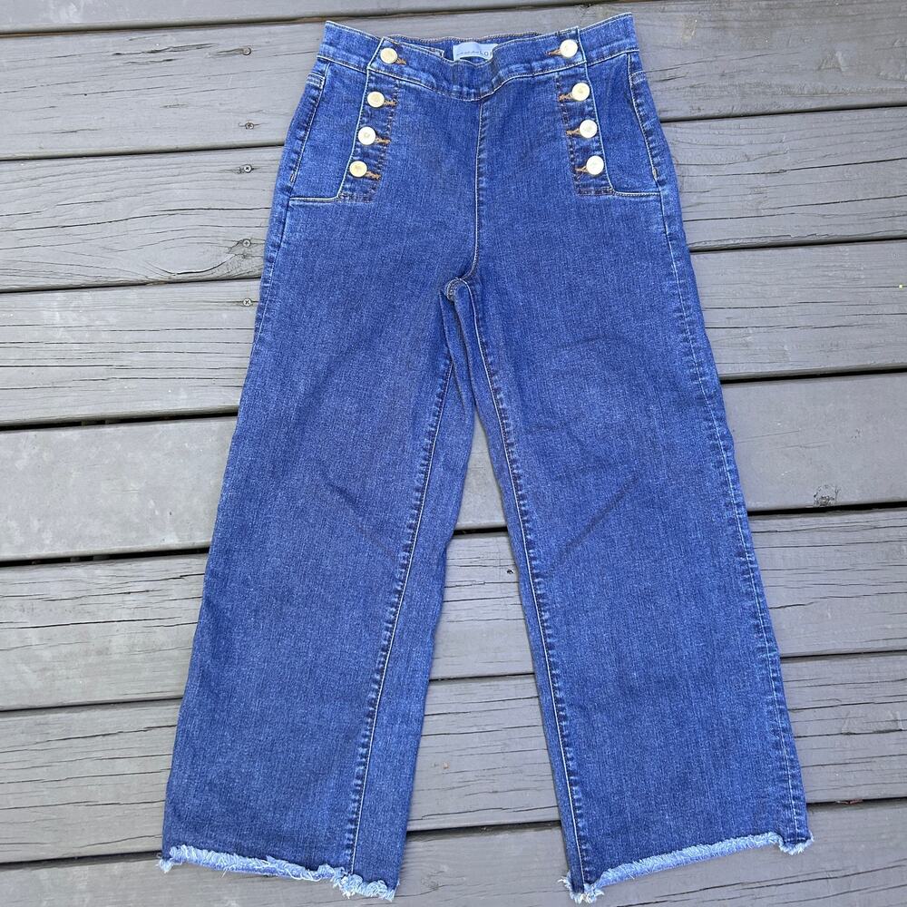 LOFT Modern Wide Leg Crop Jeans Womens 27/4 Dark Wash Sailor Button Raw Hem